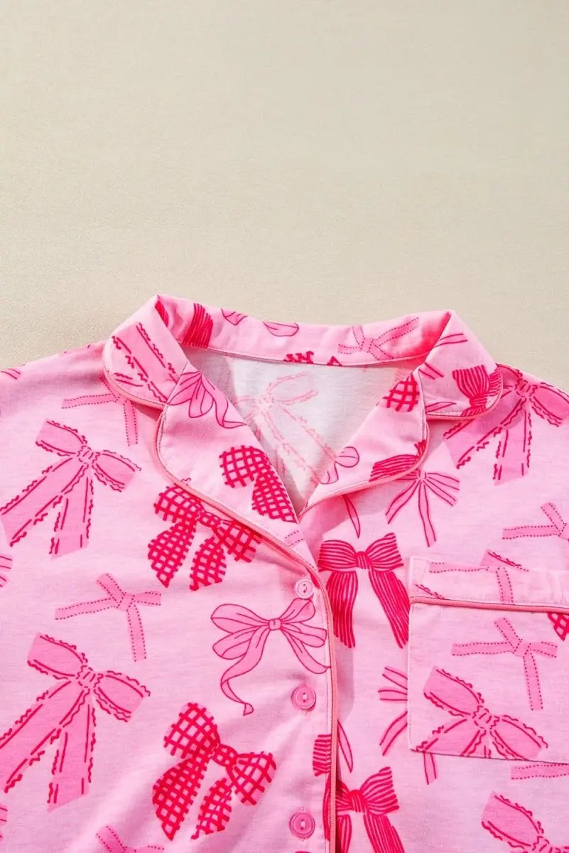 Pink Bow Knot Print Lapel Collar Short Sleeve and Pants Pajamas Set - Love Salve 