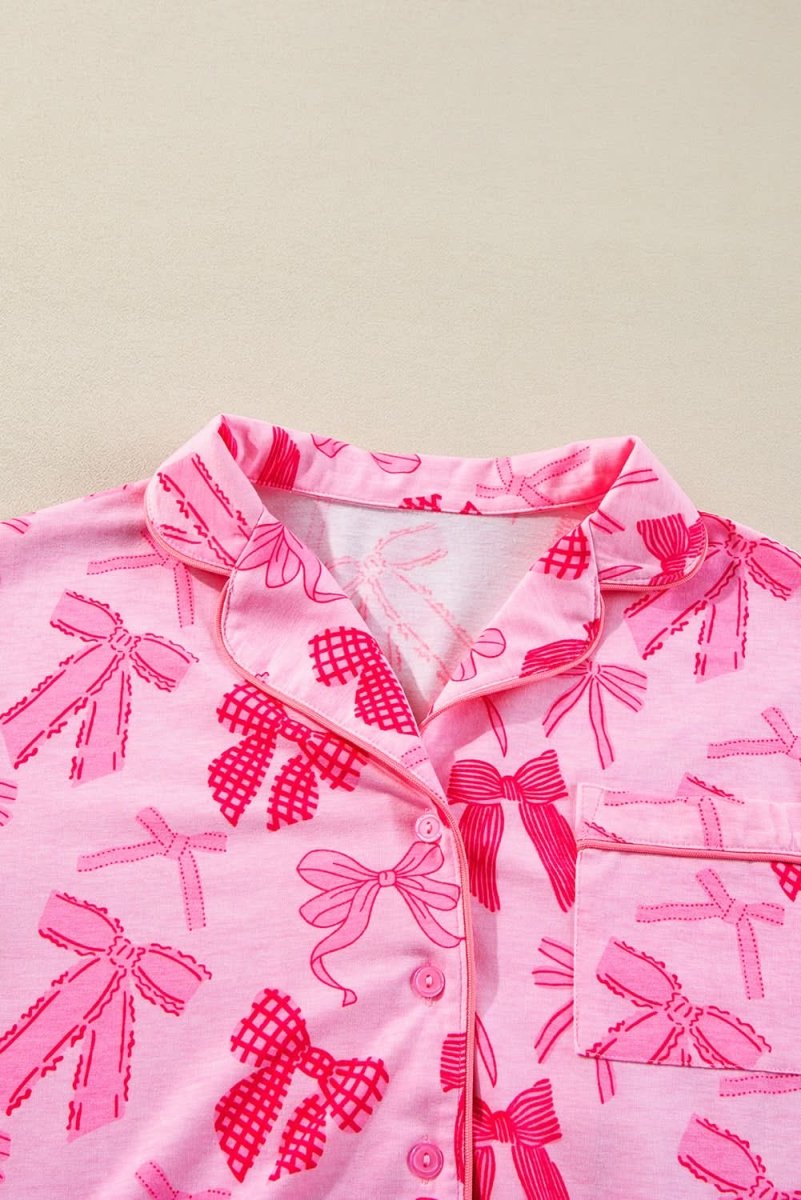 Pink Bow Knot Print Lapel Collar Short Sleeve and Pants Pajamas Set - Love Salve