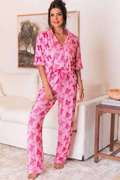 Pink Bow Knot Print Lapel Collar Short Sleeve and Pants Pajamas Set - Love Salve