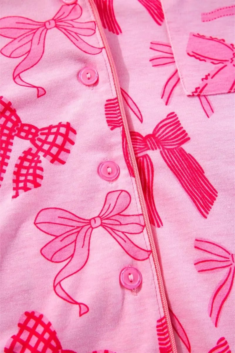 Pink Bow Knot Print Lapel Collar Short Sleeve and Pants Pajamas Set - Love Salve 