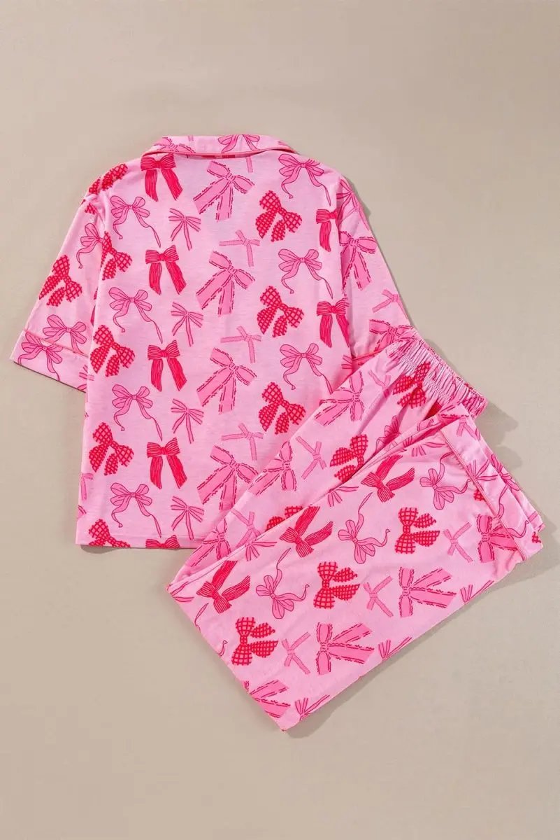 Pink Bow Knot Print Lapel Collar Short Sleeve and Pants Pajamas Set - Love Salve 