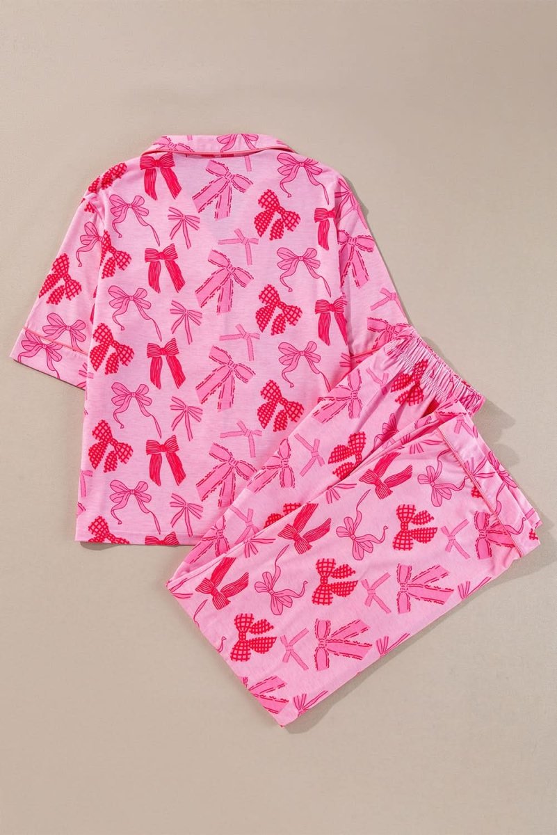Pink Bow Knot Print Lapel Collar Short Sleeve and Pants Pajamas Set - Love Salve