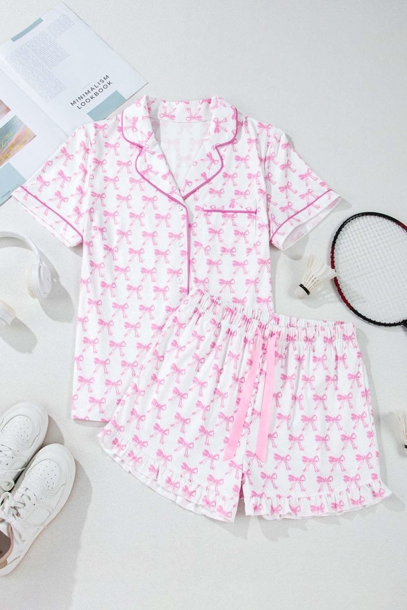 Pink Bowknot Printed Short Sleeve and Ruffled Shorts Valentines Pajama Set - Love Salve 