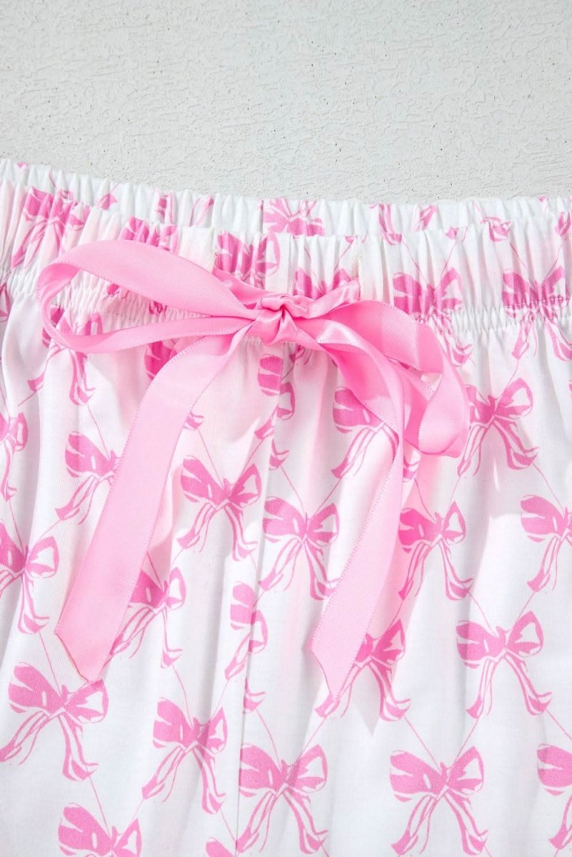 Pink Bowknot Printed Short Sleeve and Ruffled Shorts Valentines Pajama Set - Love Salve 