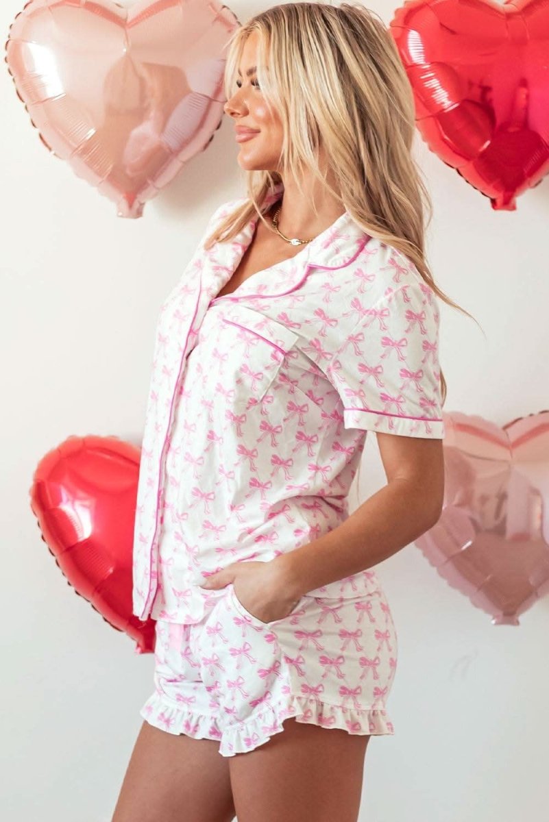 Pink Bowknot Printed Short Sleeve and Ruffled Shorts Valentines Pajama Set - Love Salve 