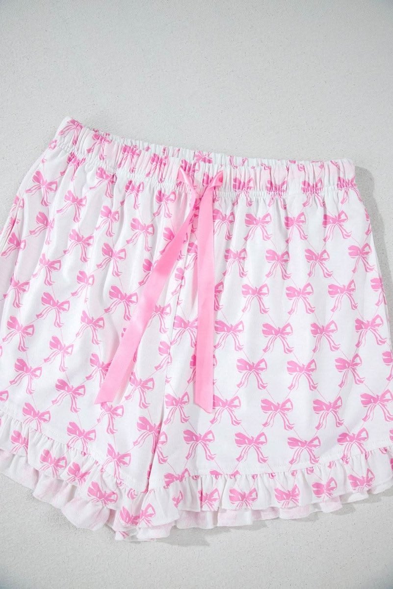 Pink Bowknot Printed Short Sleeve and Ruffled Shorts Valentines Pajama Set - Love Salve 