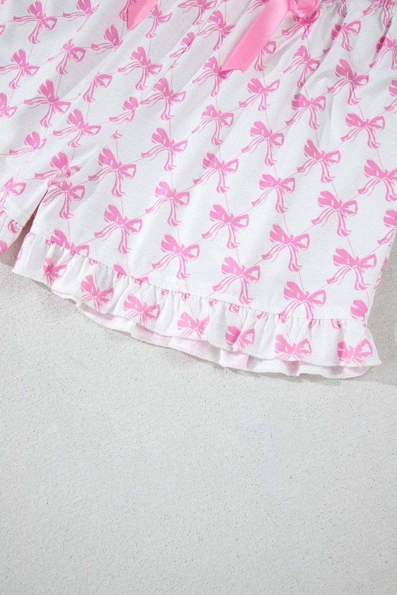 Pink Bowknot Printed Short Sleeve and Ruffled Shorts Valentines Pajama Set - Love Salve 