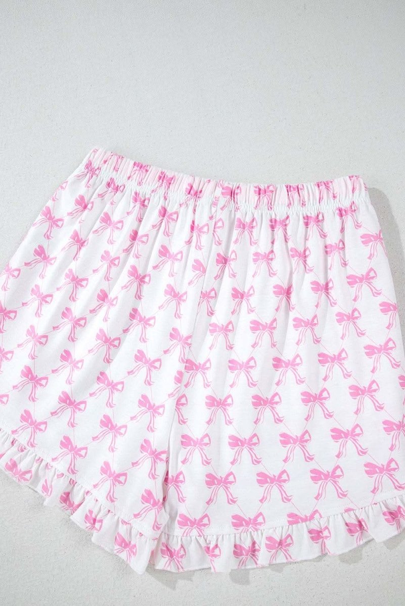 Pink Bowknot Printed Short Sleeve and Ruffled Shorts Valentines Pajama Set - Love Salve 