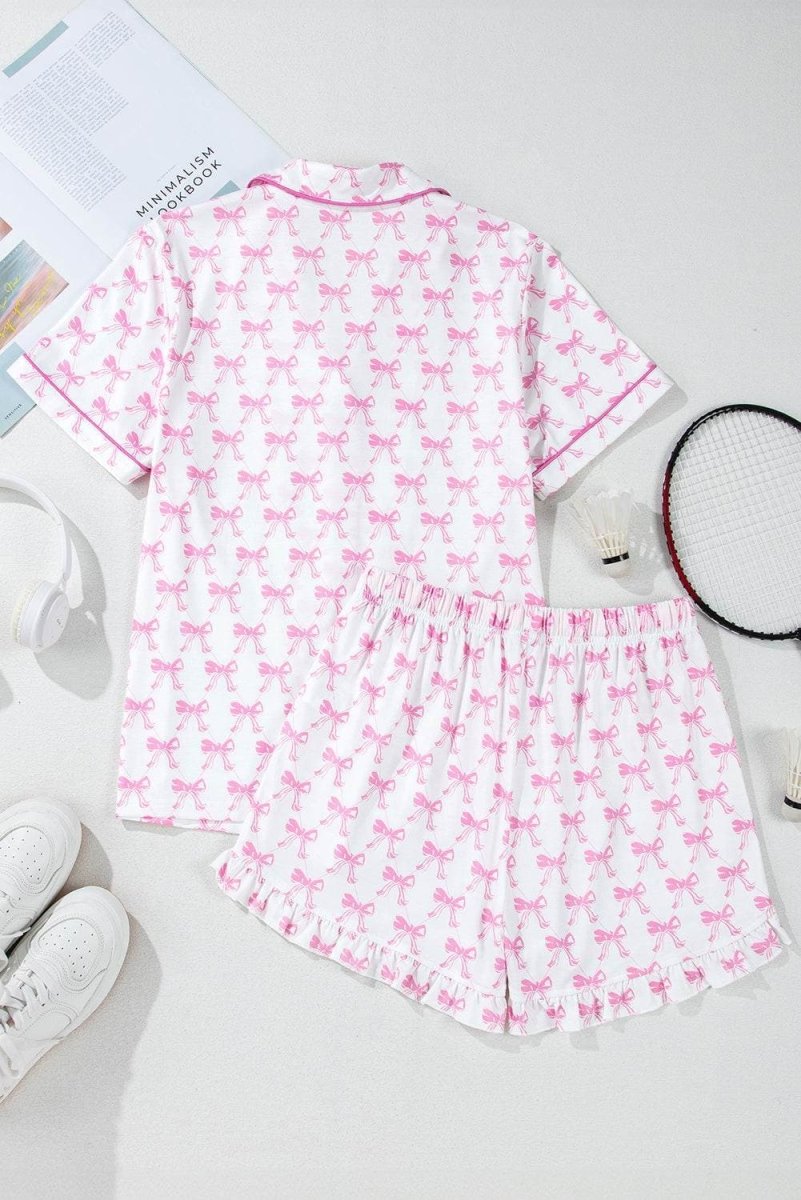 Pink Bowknot Printed Short Sleeve and Ruffled Shorts Valentines Pajama Set - Love Salve 