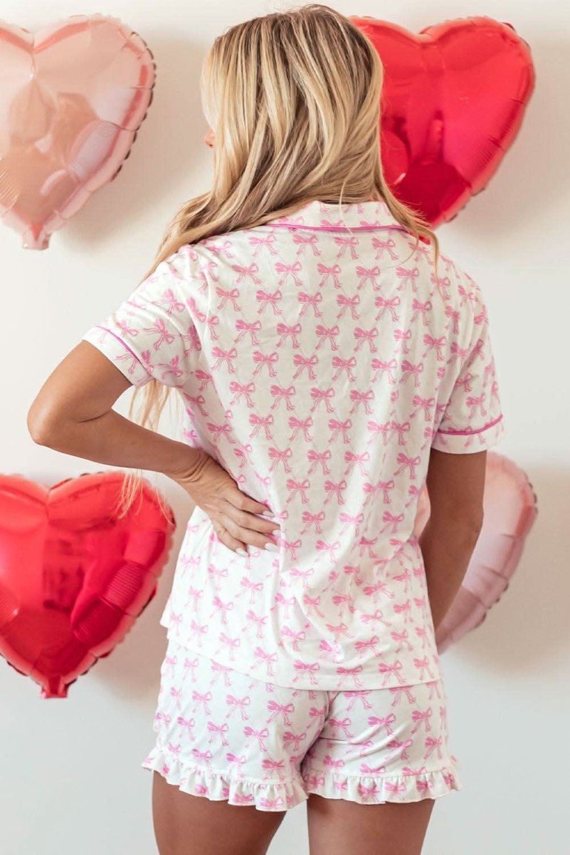 Pink Bowknot Printed Short Sleeve and Ruffled Shorts Valentines Pajama Set - Love Salve 