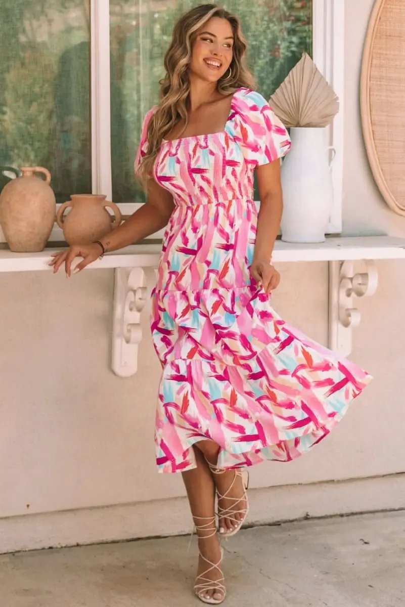Pink Brush Stroke Printed Smocked Ruffle Tiered Dress - Love Salve 