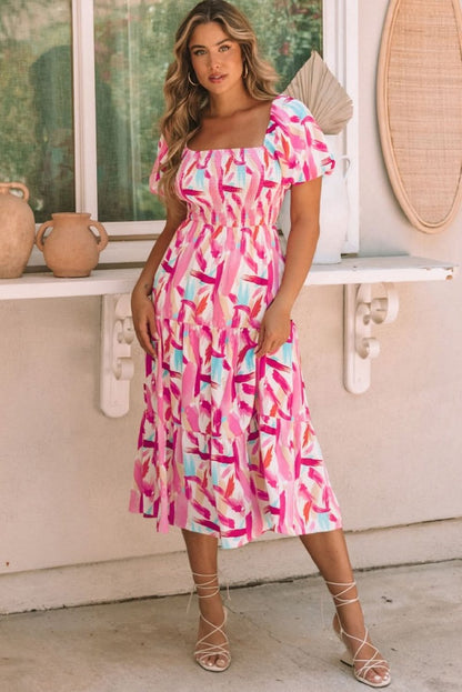 Pink Brush Stroke Printed Smocked Ruffle Tiered Dress - Love Salve 