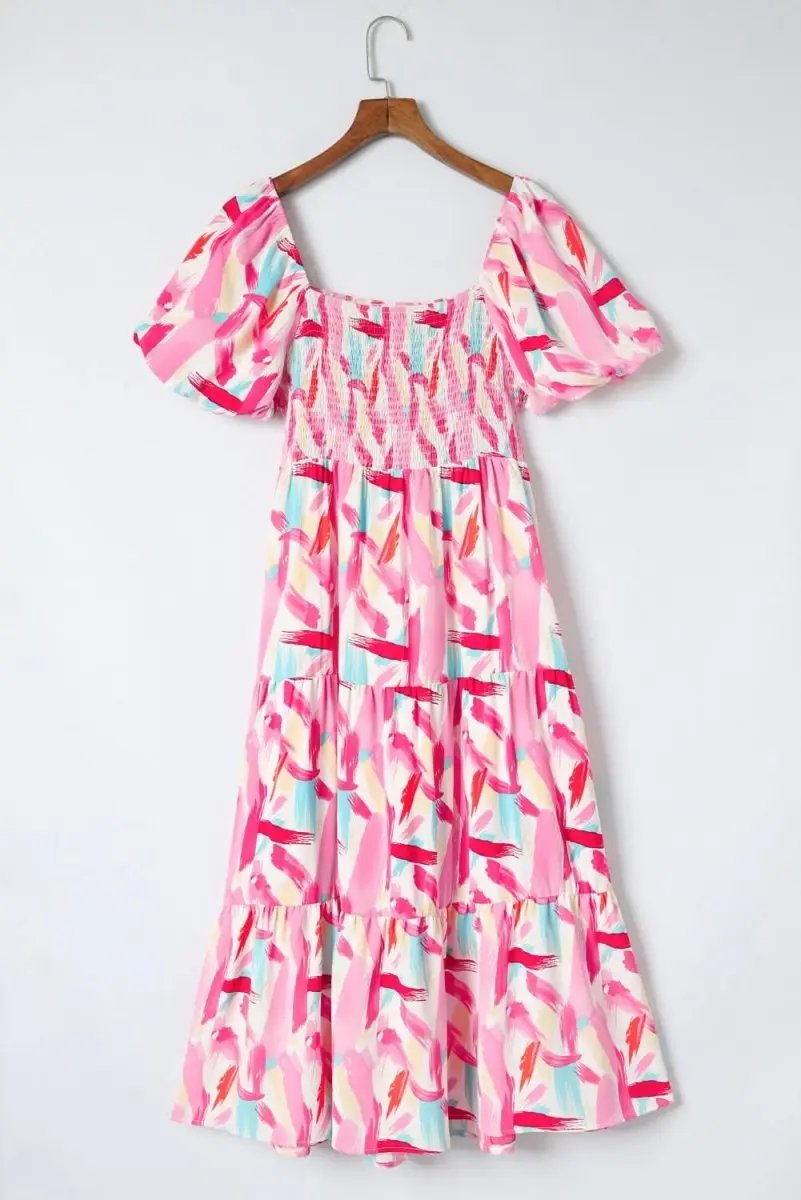 Pink Brush Stroke Printed Smocked Ruffle Tiered Dress - Love Salve 