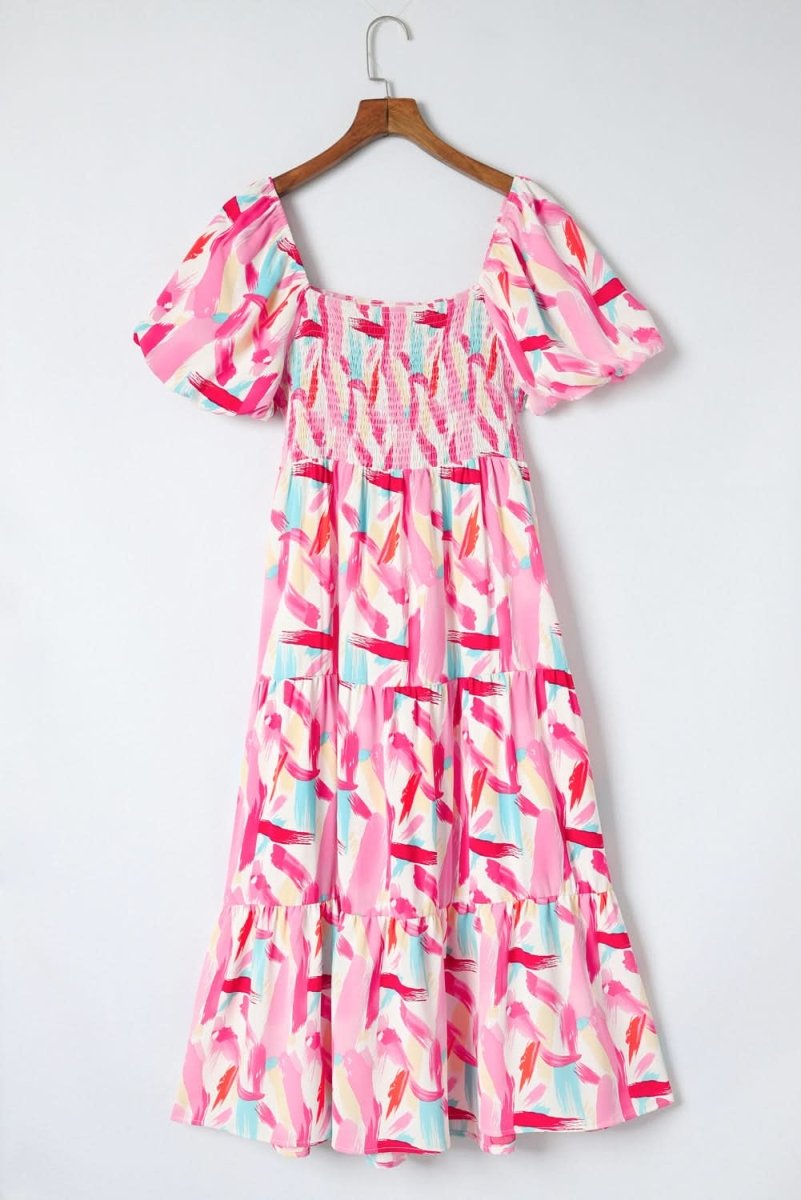 Pink Brush Stroke Printed Smocked Ruffle Tiered Dress - Love Salve 