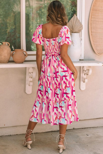 Pink Brush Stroke Printed Smocked Ruffle Tiered Dress - Love Salve 