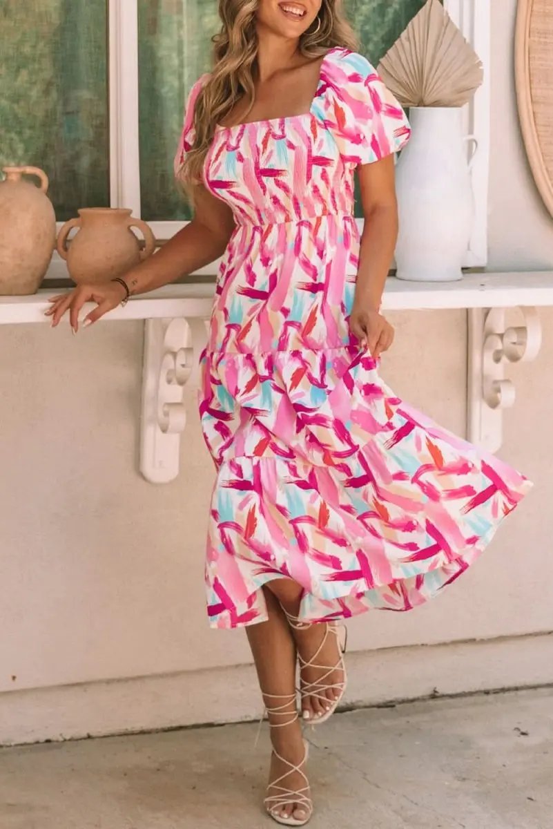 Pink Brush Stroke Printed Smocked Ruffle Tiered Dress - Love Salve 