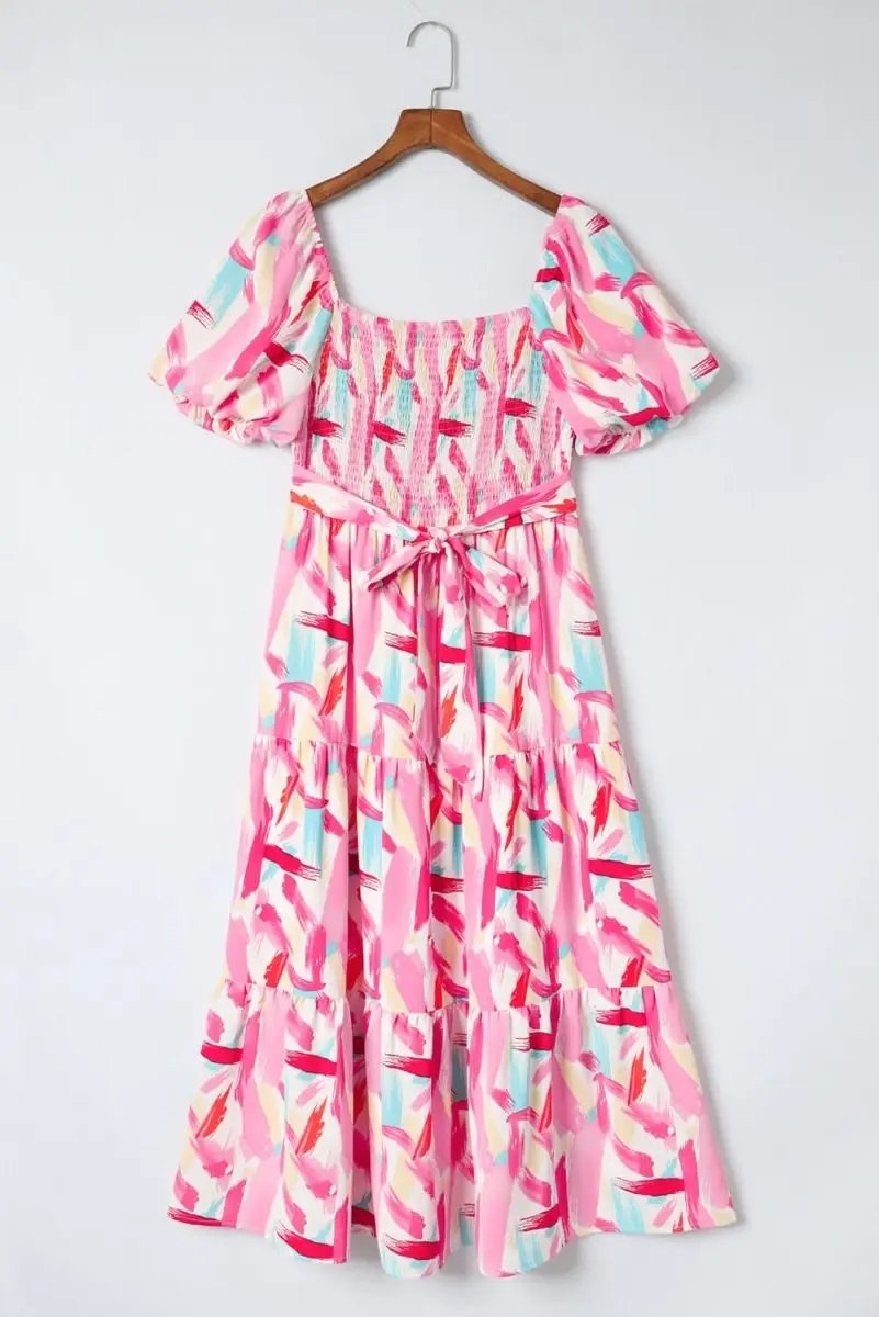 Pink Brush Stroke Printed Smocked Ruffle Tiered Dress - Love Salve 