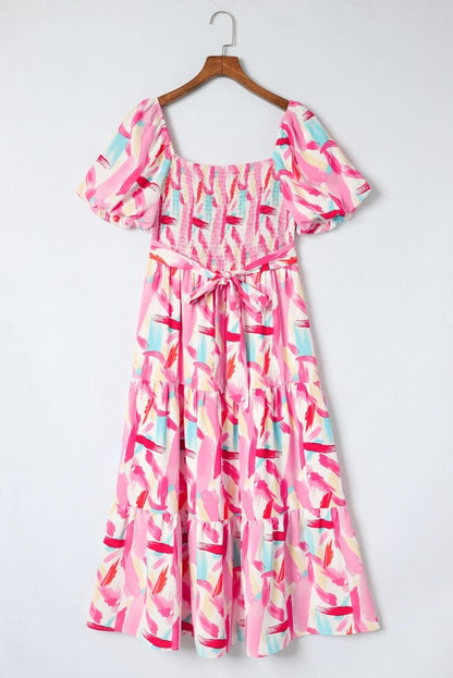 Pink Brush Stroke Printed Smocked Ruffle Tiered Dress - Love Salve 