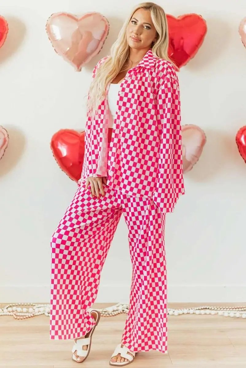 Pink Checkered Buttoned Shirt and High Waist Pants Pajama Set - Love Salve 