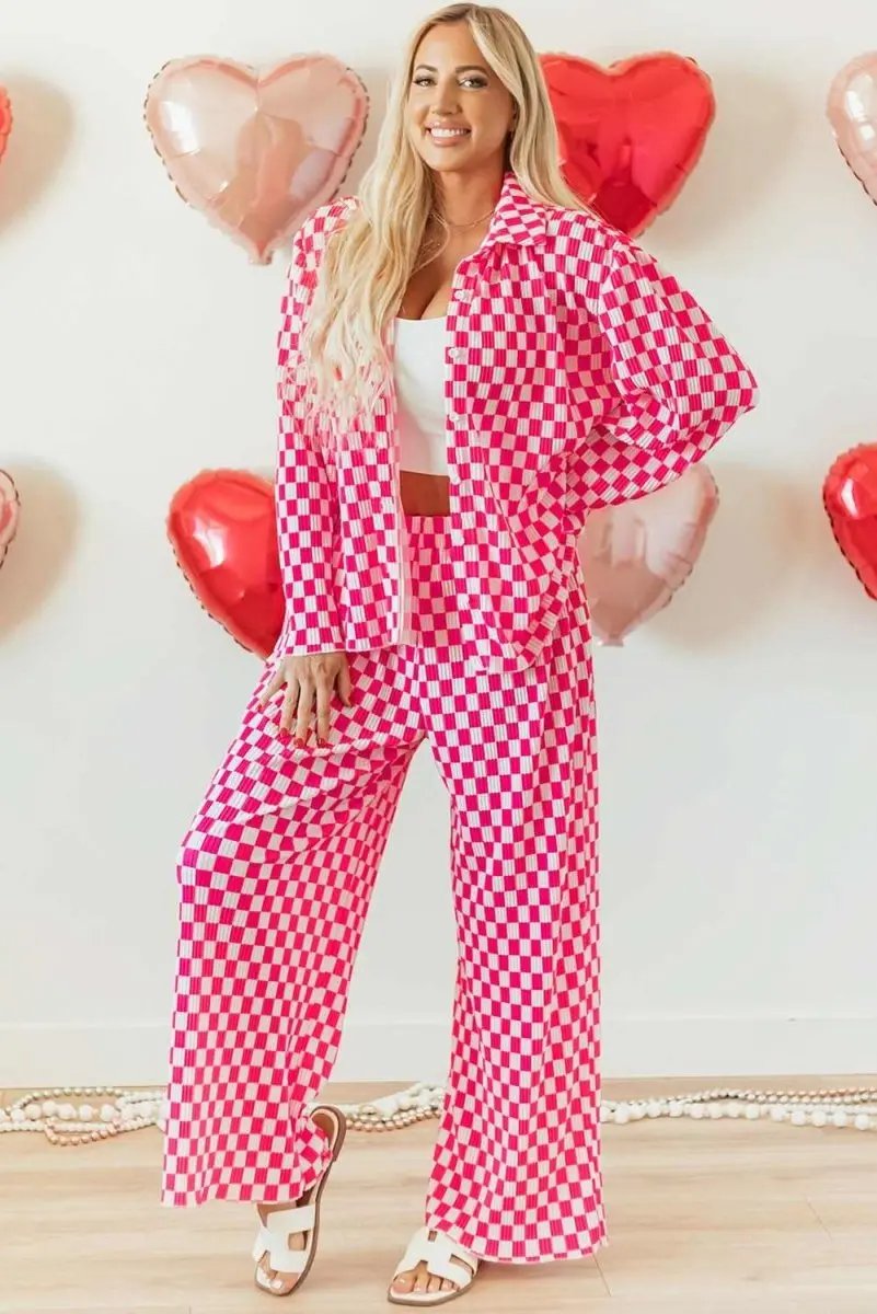 Pink Checkered Buttoned Shirt and High Waist Pants Pajama Set - Love Salve 