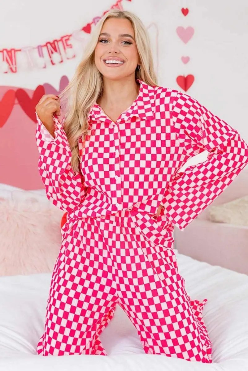 Pink Checkered Buttoned Shirt and High Waist Pants Pajama Set - Love Salve 