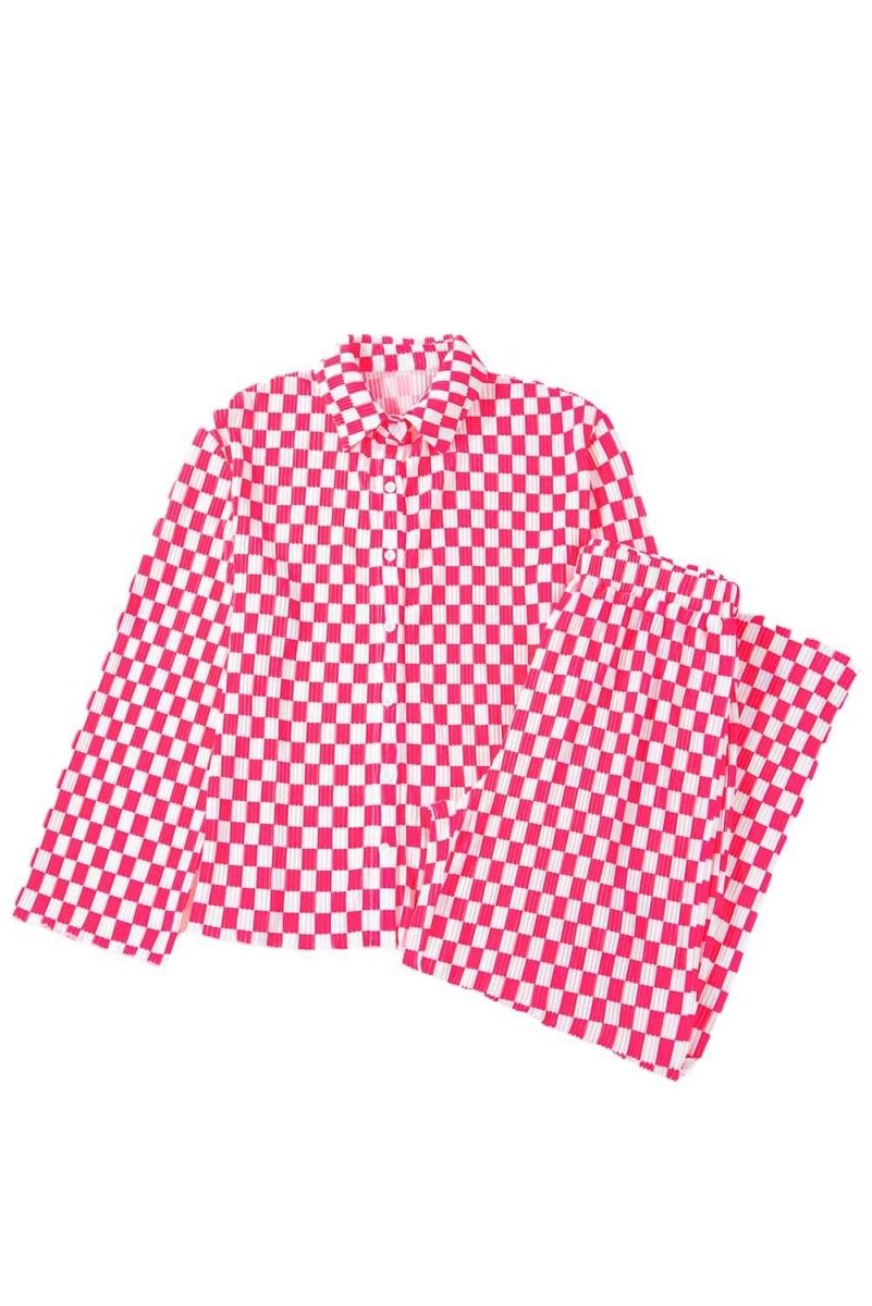 Pink Checkered Buttoned Shirt and High Waist Pants Pajama Set - Love Salve 