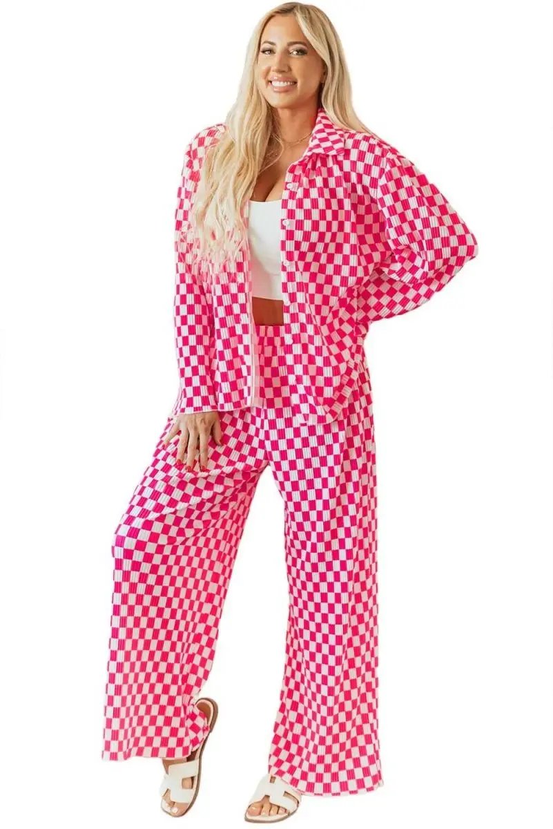 Pink Checkered Buttoned Shirt and High Waist Pants Pajama Set - Love Salve 