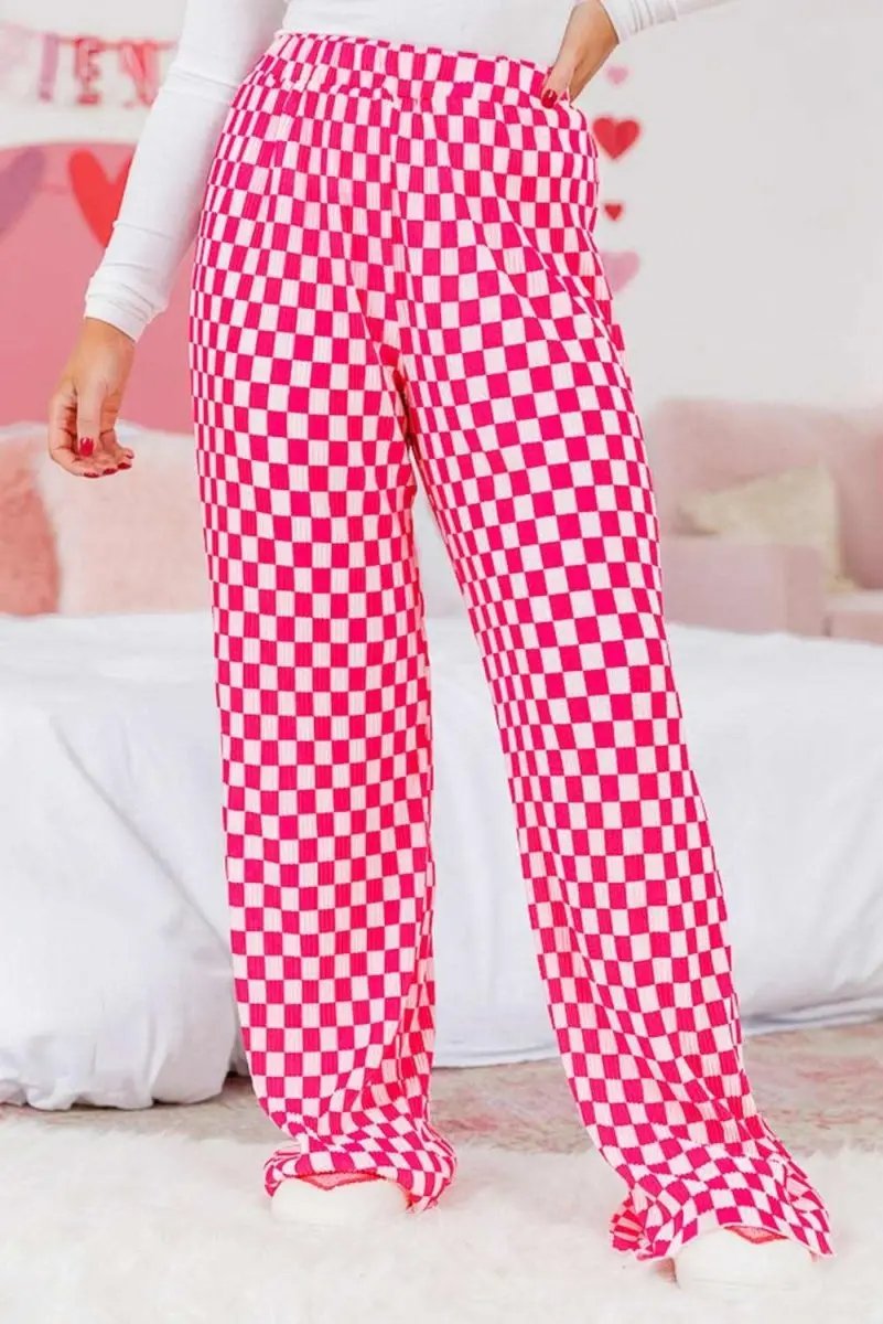 Pink Checkered Buttoned Shirt and High Waist Pants Pajama Set - Love Salve 