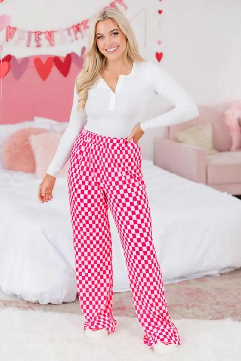 Pink Checkered Buttoned Shirt and High Waist Pants Pajama Set - Love Salve 
