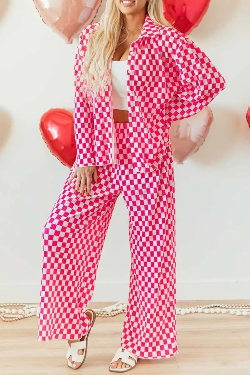 Pink Checkered Buttoned Shirt and High Waist Pants Pajama Set - Love Salve 