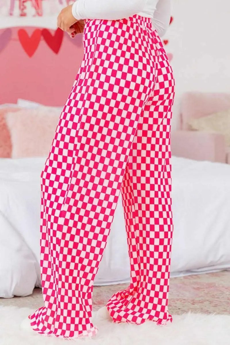 Pink Checkered Buttoned Shirt and High Waist Pants Pajama Set - Love Salve 