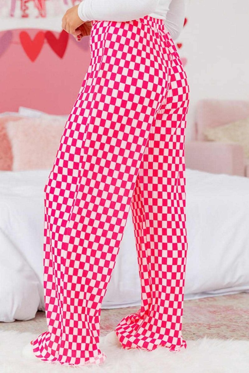 Pink Checkered Buttoned Shirt and High Waist Pants Pajama Set - Love Salve 