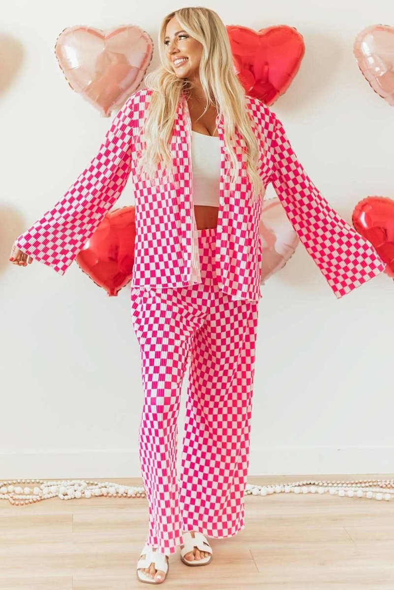 Pink Checkered Buttoned Shirt and High Waist Pants Pajama Set - Love Salve 