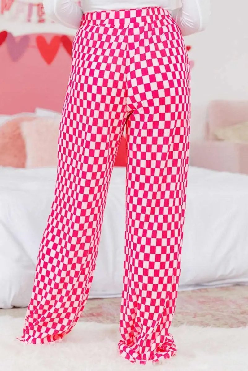 Pink Checkered Buttoned Shirt and High Waist Pants Pajama Set - Love Salve 