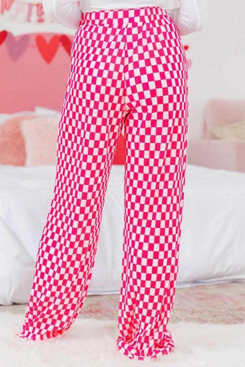 Pink Checkered Buttoned Shirt and High Waist Pants Pajama Set - Love Salve 