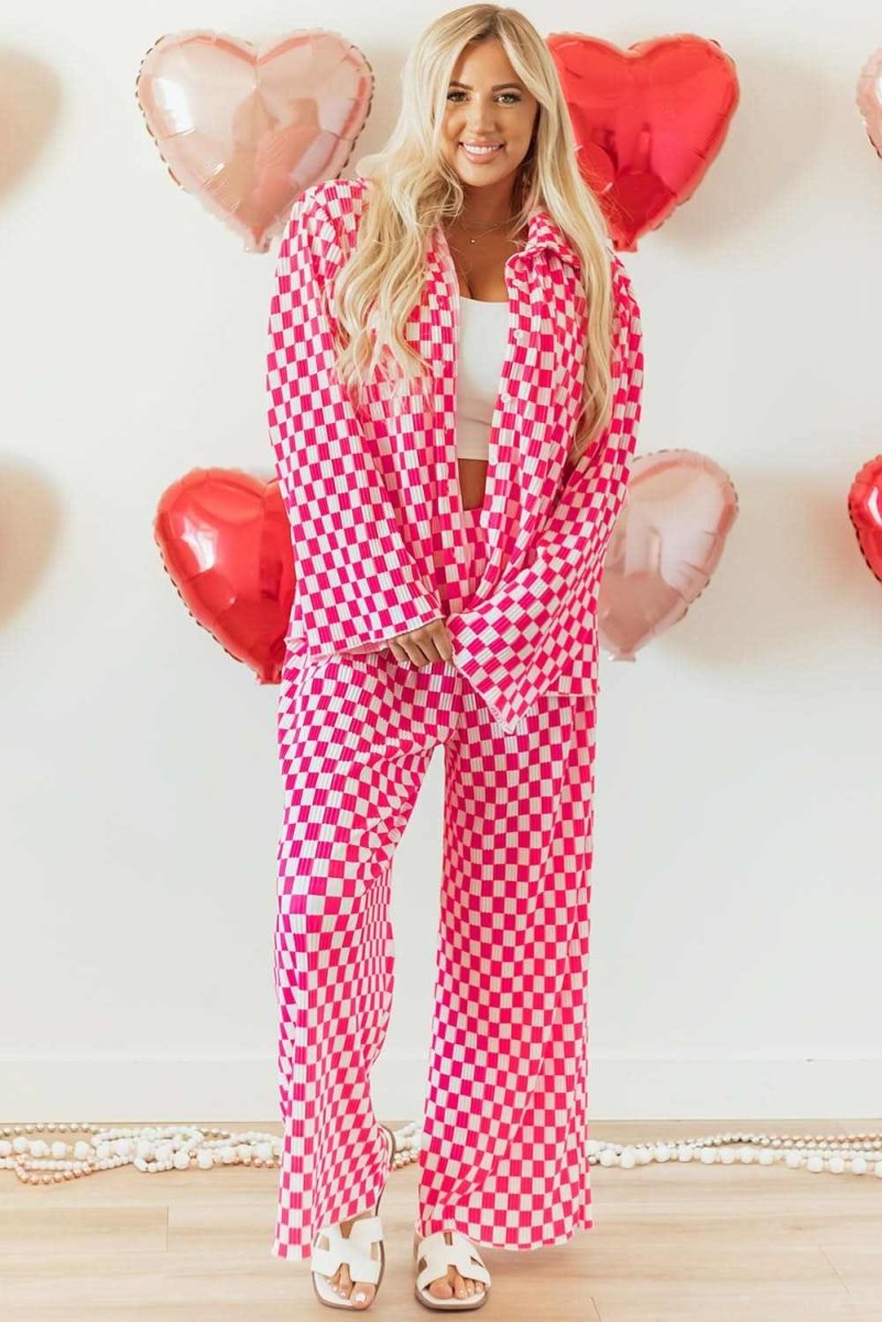 Pink Checkered Buttoned Shirt and High Waist Pants Pajama Set - Love Salve 