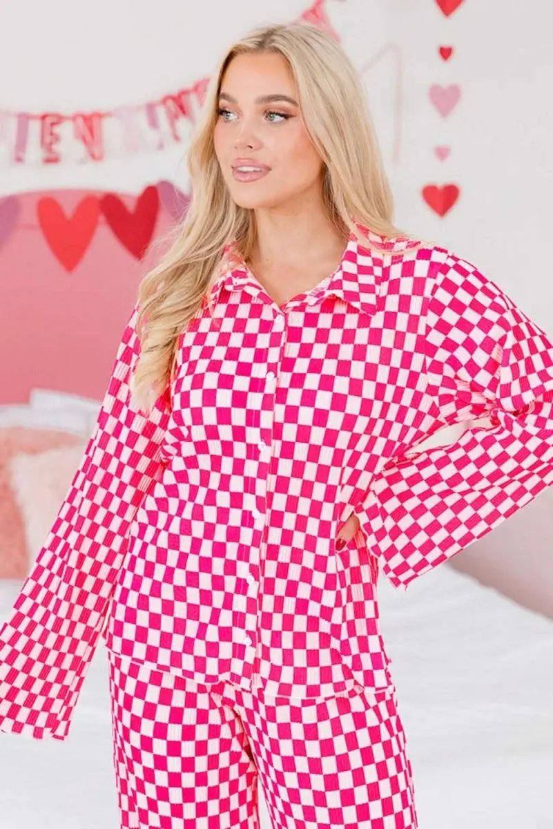 Pink Checkered Buttoned Shirt and High Waist Pants Pajama Set - Love Salve 