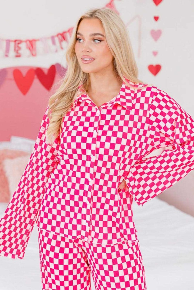 Pink Checkered Buttoned Shirt and High Waist Pants Pajama Set - Love Salve 