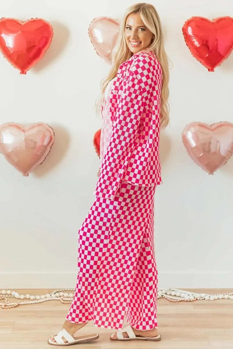 Pink Checkered Buttoned Shirt and High Waist Pants Pajama Set - Love Salve 