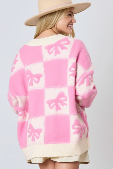 Pink Checkered V - Neck Cardigan with Bow Knot and Drop Shoulder Design - Love Salve