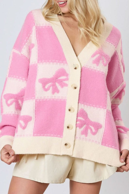 Pink Checkered V - Neck Cardigan with Bow Knot and Drop Shoulder Design - Love Salve