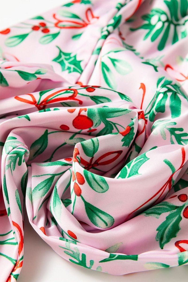 Pink Christmas Berries Plant Print Satin Long Sleeve Pajama Set - Love Salve 