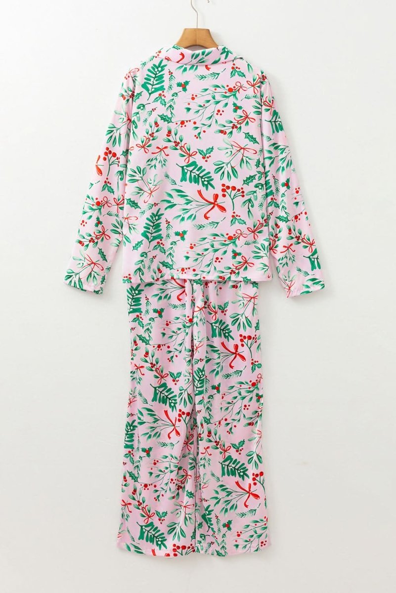 Pink Christmas Berries Plant Print Satin Long Sleeve Pajama Set - Love Salve 