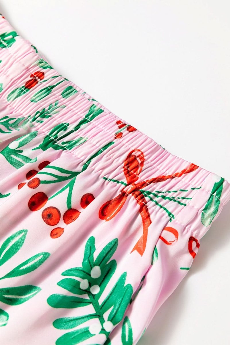Pink Christmas Berries Plant Print Satin Long Sleeve Pajama Set - Love Salve 