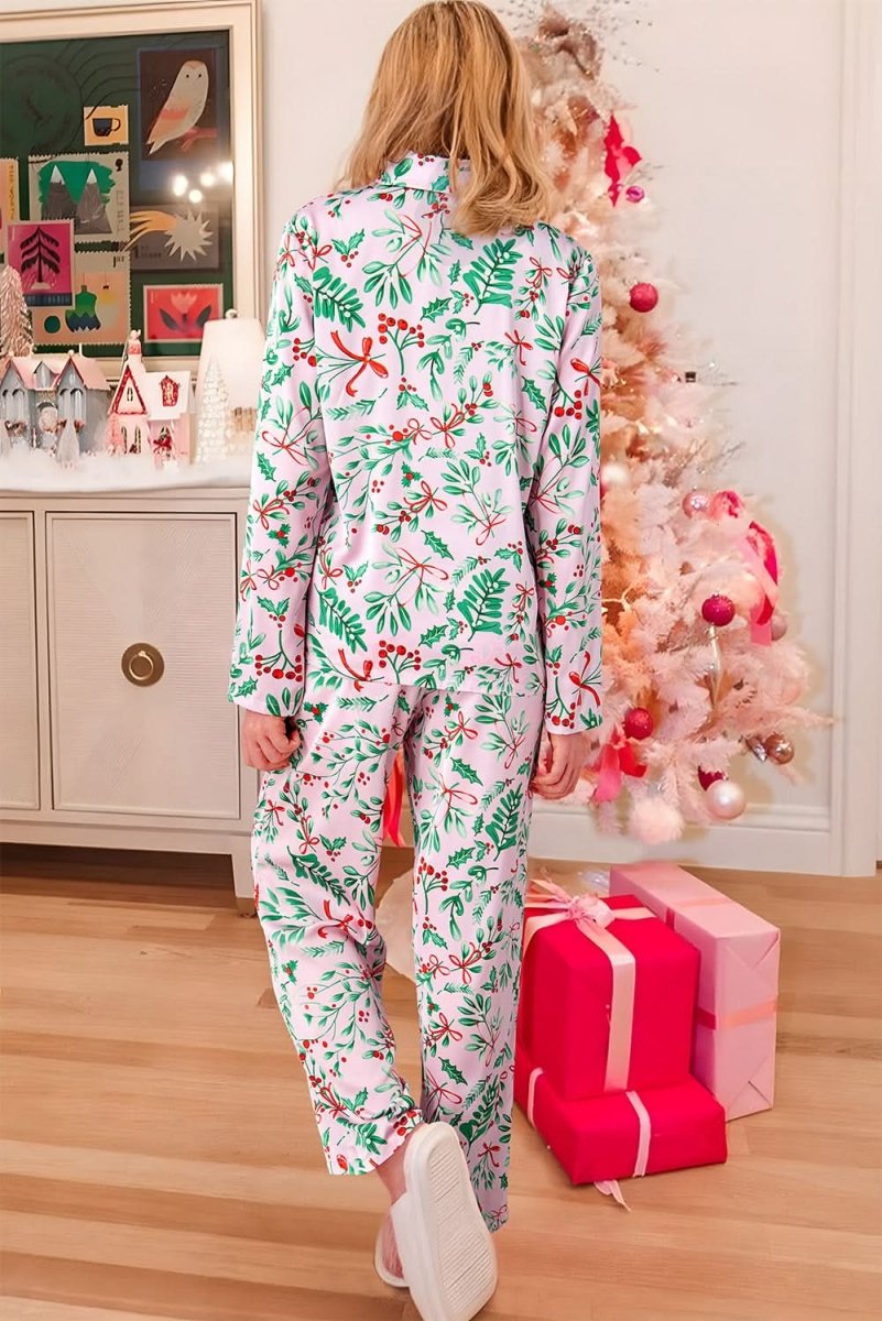 Pink Christmas Berries Plant Print Satin Long Sleeve Pajama Set - Love Salve 