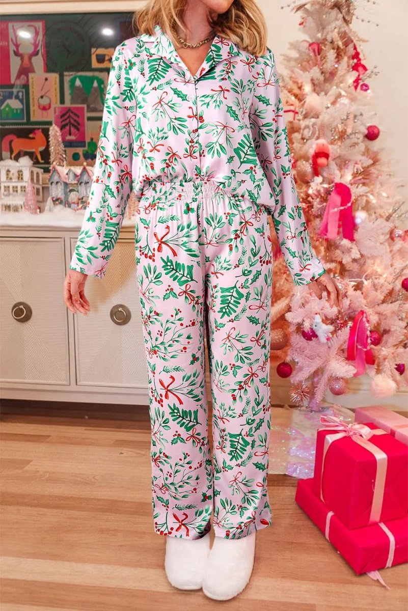 Pink Christmas Berries Plant Print Satin Long Sleeve Pajama Set - Love Salve 