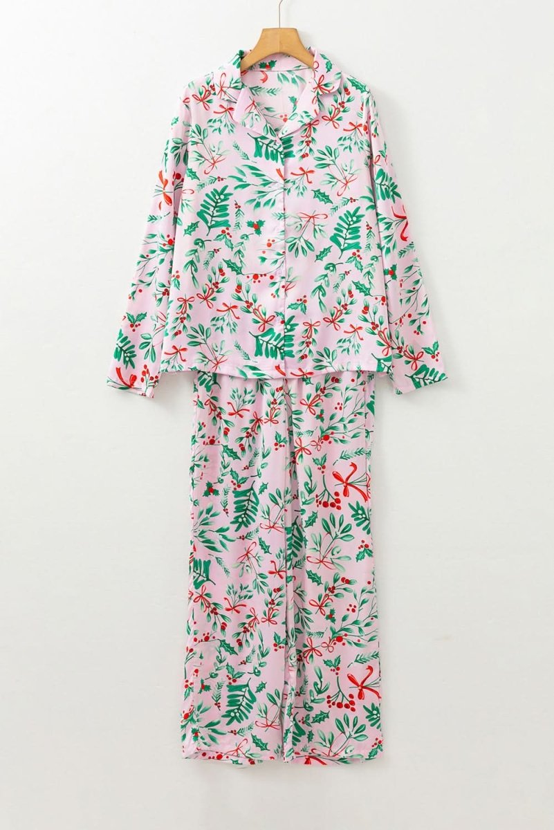 Pink Christmas Berries Plant Print Satin Long Sleeve Pajama Set - Love Salve 