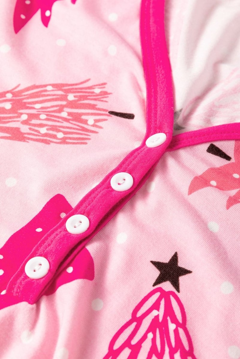 Pink Christmas Tree Print V Neck Buttoned Pullover and Drawstring Pants Lounge Set - Love Salve 