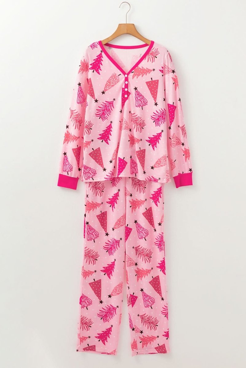 Pink Christmas Tree Print V Neck Buttoned Pullover and Drawstring Pants Lounge Set - Love Salve 