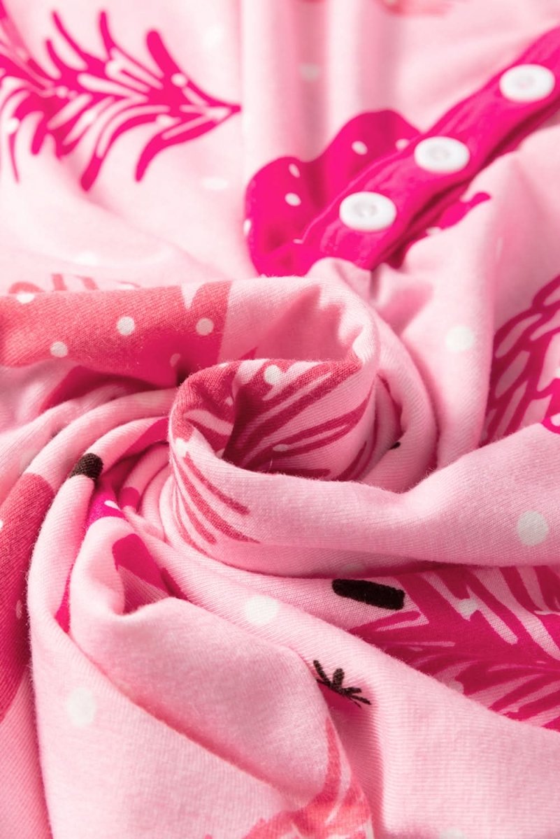 Pink Christmas Tree Print V Neck Buttoned Pullover and Drawstring Pants Lounge Set - Love Salve 